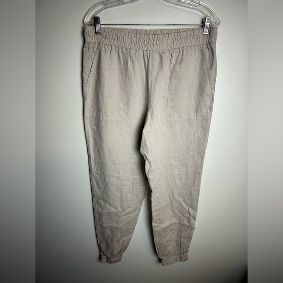 Ellen Tracy Jogger pants 100% Linen Size M Stone gray Minimalist neutral natural - Picture 1 of 12